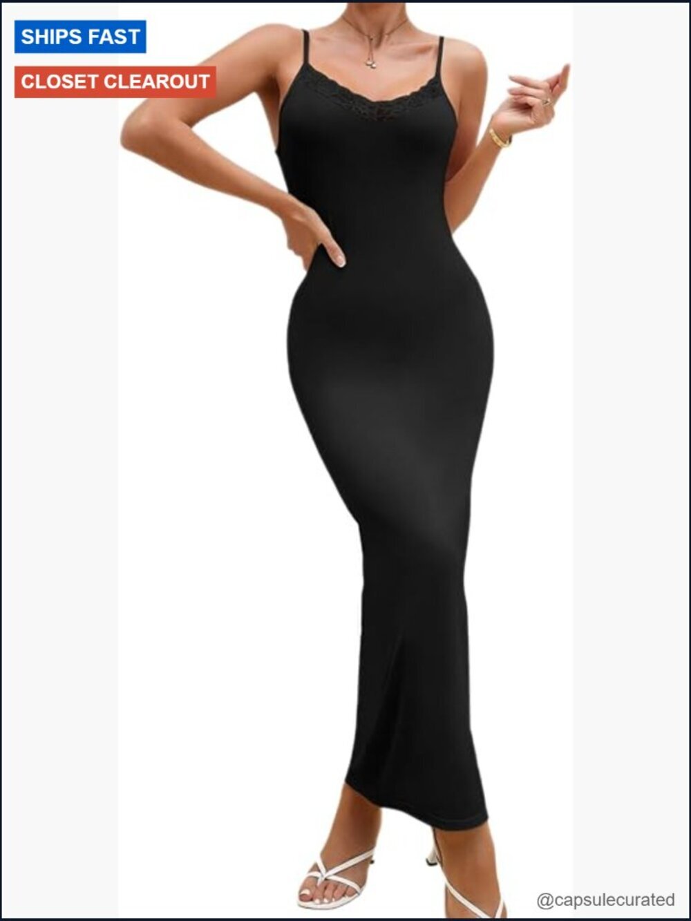 Seamless Maxi Slip Dress Spaghetti Strap Lace Trim Bodycon Nightgown